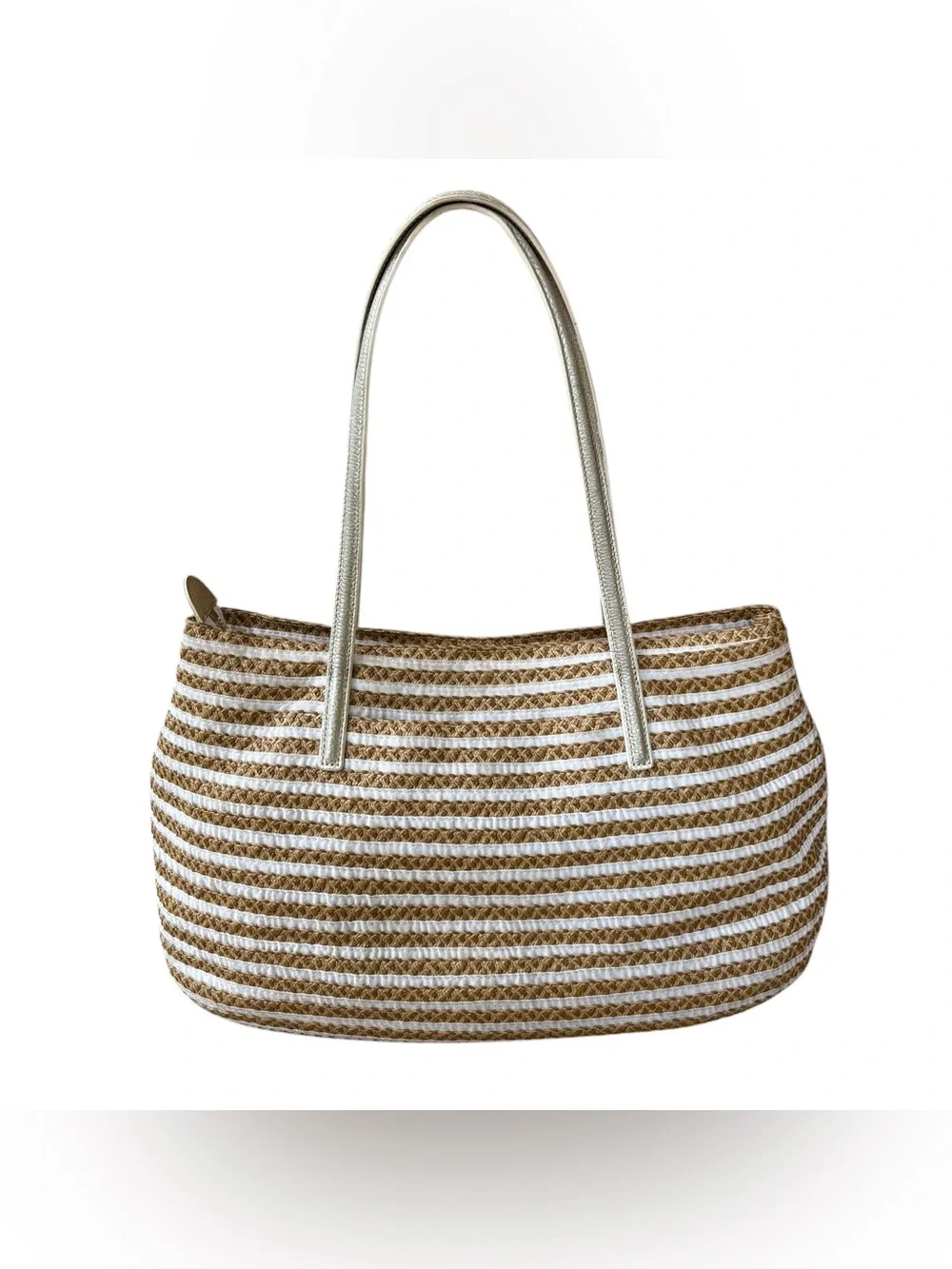 ERIC JAVITS Isla “Squishee” Straw & White Grosgrain Tote w/ Gold Leather Straps